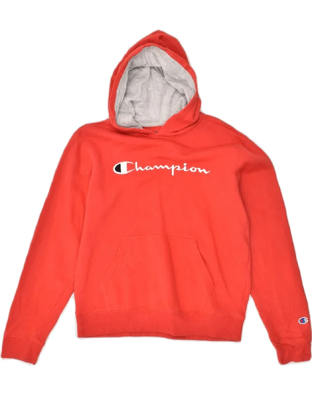 CHAMPION Womens Graphic Hoodie Jumper UK 18 XL Red Cotton Hoodie with Reflective Safety Nightwear