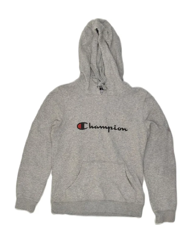 CHAMPION Womens Graphic Hoodie Jumper UK 6 XS Grey Cotton Hoodie with Side Slits Relaxed Casual