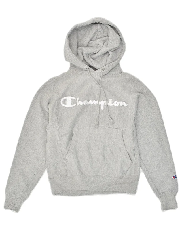 CHAMPION Womens Graphic Hoodie Jumper UK 6 XS Grey Cotton Hoodie with Elastic Waist Stretchable Comfortable