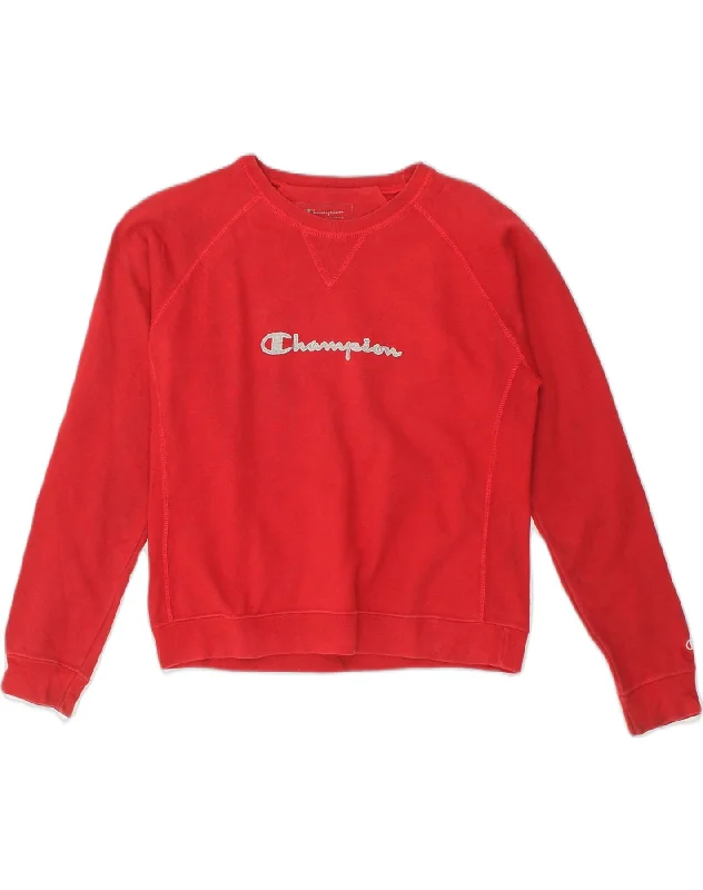 CHAMPION Womens Graphic Sweatshirt Jumper UK 10 Small Red Cotton Hoodie with Puffed Sleeves Voluminous Trendy