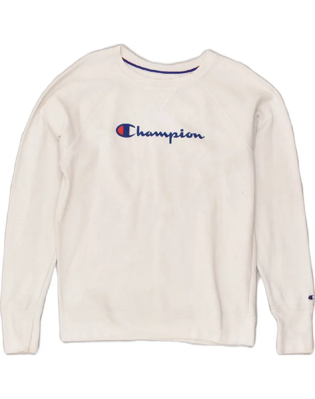 CHAMPION Womens Graphic Sweatshirt Jumper UK 16 Large White Polyester Hoodie with Turtle Neck Cozy Winter