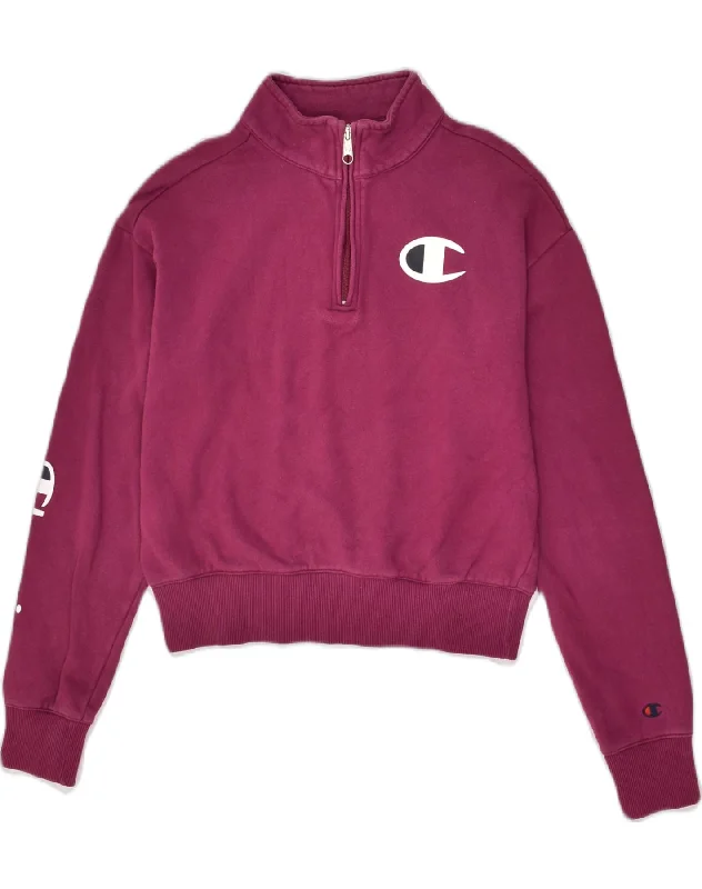 CHAMPION Womens Loose Fit Zip Neck Sweatshirt Jumper UK 4 XS Burgundy Hoodie with Patch Decorative Personalized