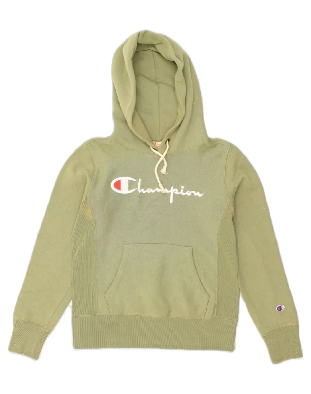 CHAMPION Womens Oversized Graphic Hoodie Jumper UK 6 XS Green Hoodie with Rolled Sleeves Casual Relaxed