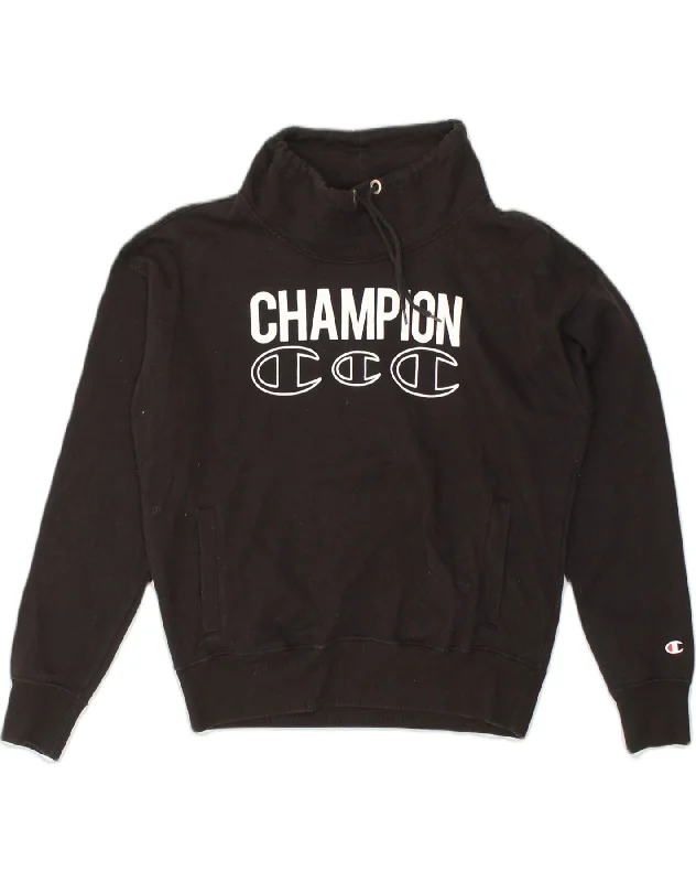 CHAMPION Womens Oversized Graphic Sweatshirt Jumper UK 10 Small Black Hoodie with Ribbed Cuffs Snug Fit Comfort