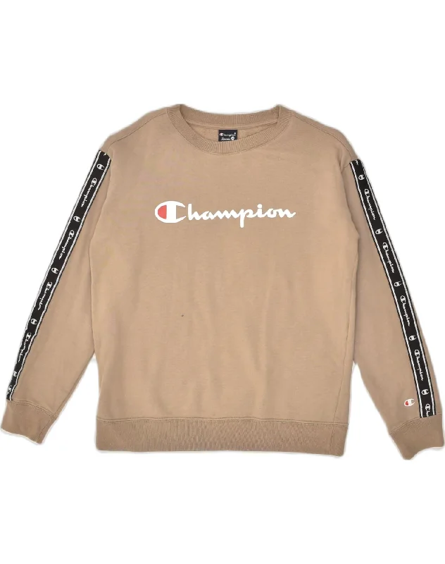 CHAMPION Womens Oversized Graphic Sweatshirt Jumper XS Brown Cotton Hoodie with Drawstring Waist Adjustable Fitted