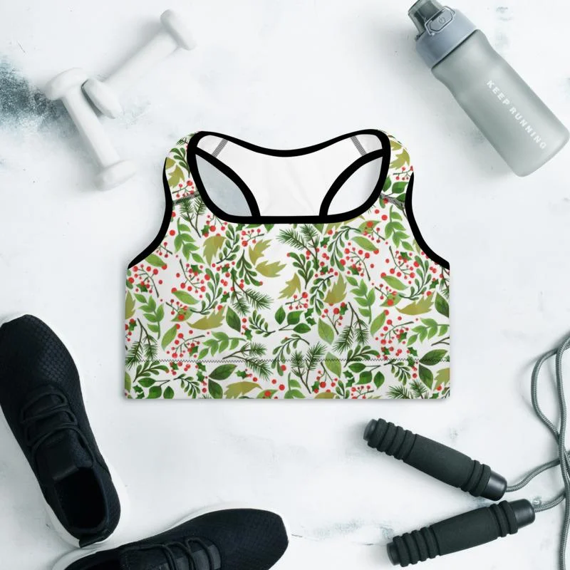 Christmas Floral Sports Bra, Winter Women's Padded Workout Gym Bra- Made in USA/ EU Soft Lace Bralette