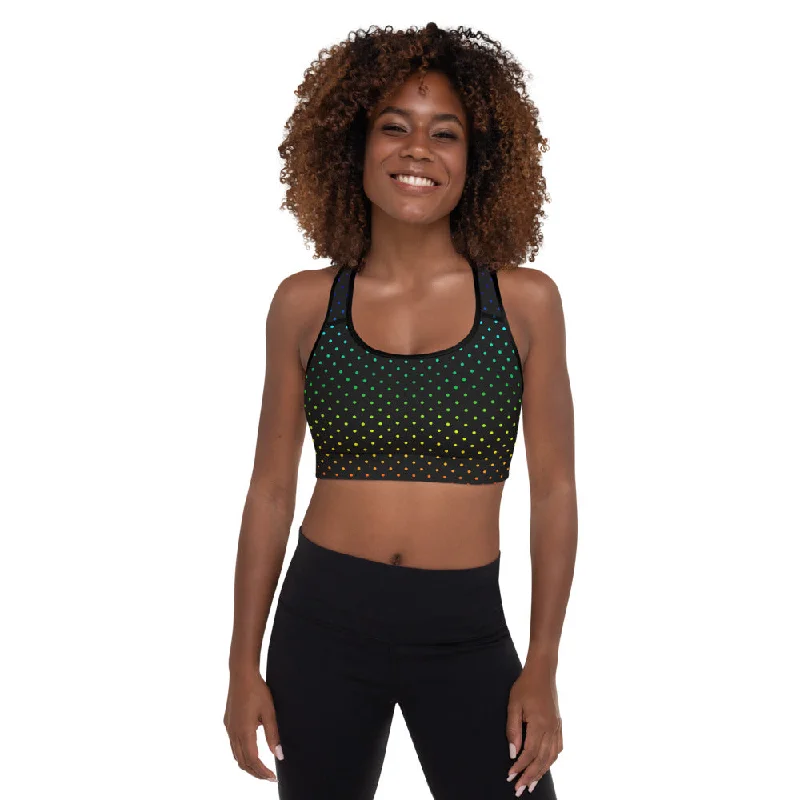 Black Dots Sports Bra, Rainbow Dots Rainbow Women's Padded Gym Bra-Made in USA/EU Sporty Compression Bra