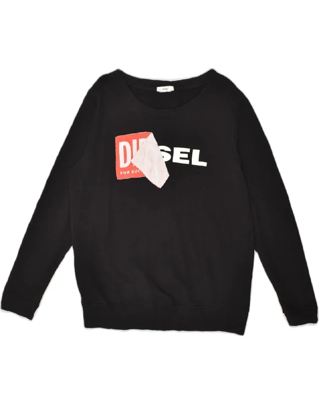 DIESEL Womens Graphic Sweatshirt Jumper UK 14 Medium Black Cotton Hoodie with Zipper Placket Modern Functional