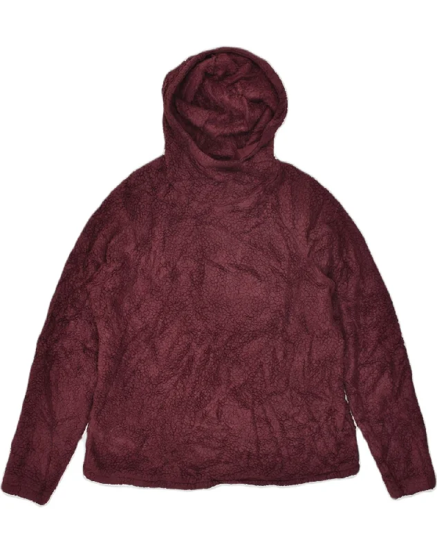 EDDIE BAUER Womens Hooded Fleece Jumper UK 16 Large Burgundy Polyester Hoodie with Exposed Zipper Edgy Industrial