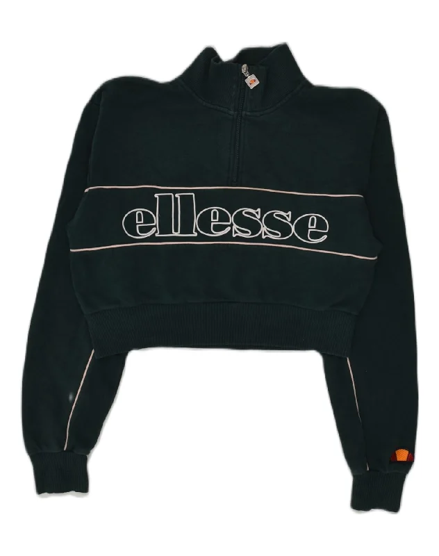 ELLESSE Womens Graphic Crop Sweatshirt Jumper US 8 Medium Green Cotton Hoodie with Zipper Placket Modern Functional