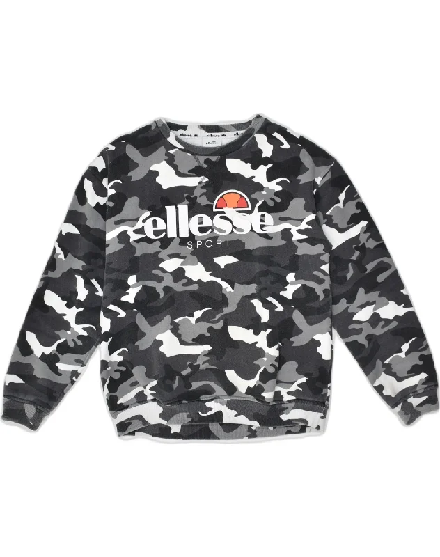 ELLESSE Womens Graphic Sweatshirt Jumper UK 12 Medium Grey Camouflage Hoodie with Hood Adjustable Protection