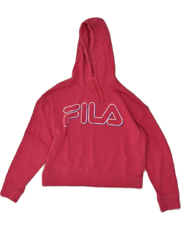 FILA Womens Graphic Hoodie Jumper UK 10 Small Red Cotton Hoodie with Lining Warm Insulated