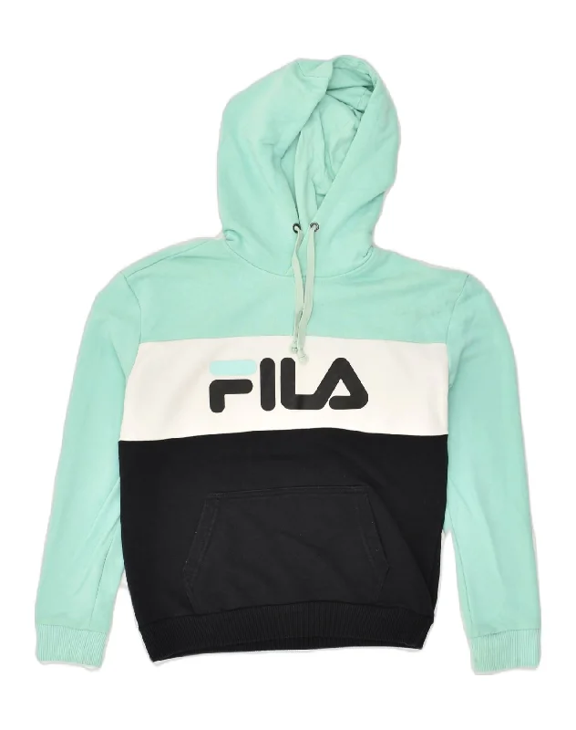 FILA Womens Graphic Hoodie Jumper UK 6 XS Blue Colourblock Cotton Hoodie with Relaxed Fit Easy Casual