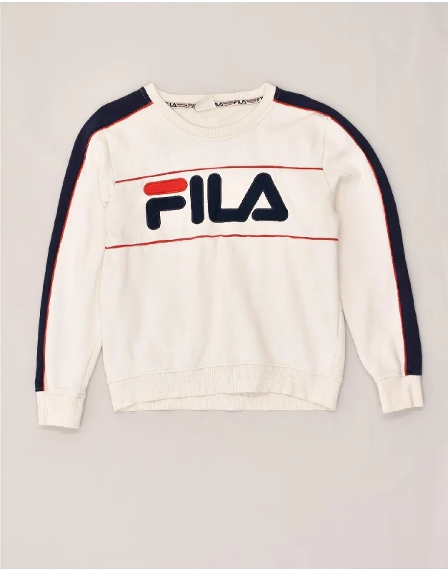 FILA Womens Graphic Sweatshirt Jumper UK 12 Medium  White Cotton Hoodie with Hidden Zipper Minimalist Clean