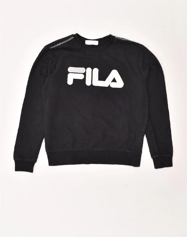 FILA Womens Oversized Graphic Sweatshirt Jumper UK 10 Small Black Cotton Hoodie with Monochrome Minimalist Simple