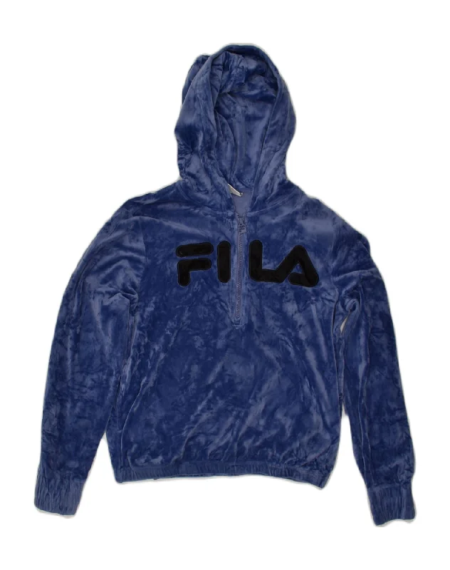 FILA Womens Velour Graphic Hoodie Jumper UK 6 XS Blue Polyester Hoodie with Thumb Holes Functional Cozy