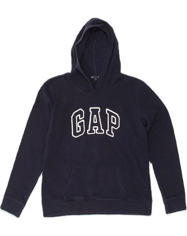 GAP Womens Graphic Hoodie Jumper UK 14 Medium Navy Blue Cotton Hoodie with Turtle Neck Cozy Winter