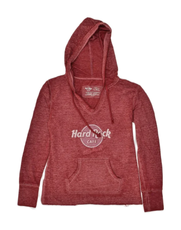 HARD ROCK CAFE Womens Graphic Hoodie Jumper UK 2 2XS Burgundy Cotton Hoodie with Earth Tones Natural Calm