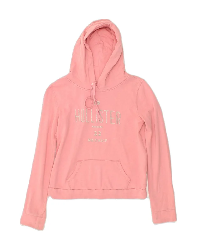 HOLLISTER Womens Graphic Hoodie Jumper UK 10 Small Pink Cotton Hoodie with Raw Hem Edgy Unfinished