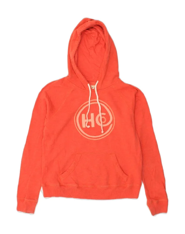 HOLLISTER Womens Graphic Hoodie Jumper UK 14 Medium Orange Cotton Hoodie with Monochrome Minimalist Simple