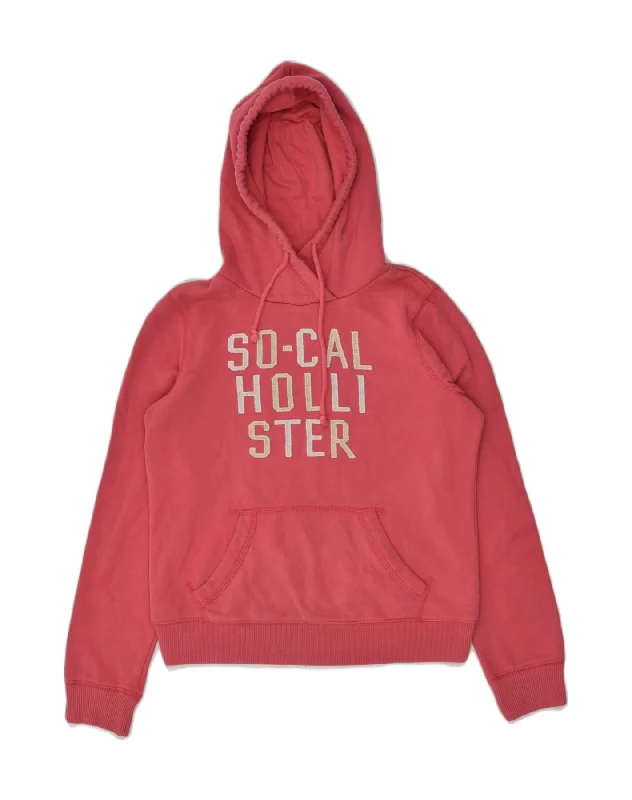 HOLLISTER Womens Graphic Hoodie Jumper UK 8 Small Pink Cotton Hoodie with Hem Drawcord Adjustable Customizable