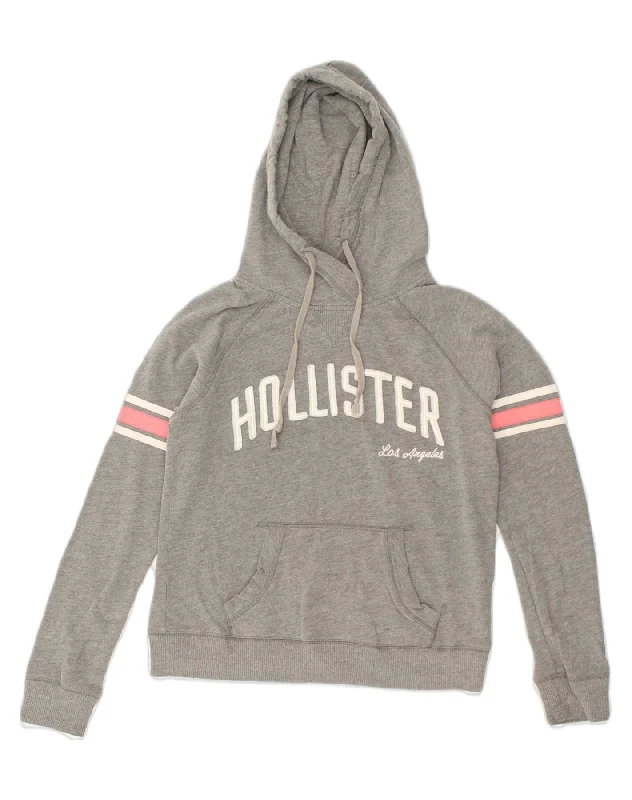 HOLLISTER Womens Loose Fit Graphic Hoodie Jumper UK 10 Small Grey Cotton Hoodie with Half-Zip Sporty Casual