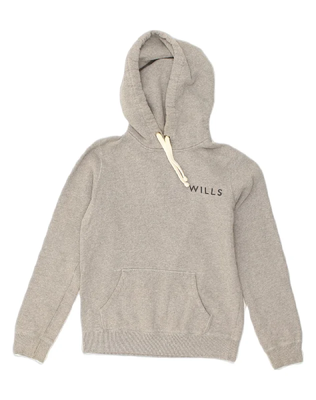 JACK WILLS Womens Graphic Hoodie Jumper UK 10 Small Grey Cotton Hoodie with Velcro Closure Adjustable Secure