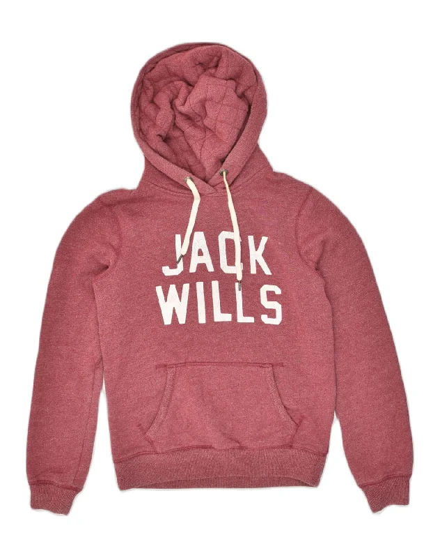 JACK WILLS Womens Graphic Hoodie Jumper UK 10 Small Red Cotton Hooded Sweatshirt Casual Wear Street Style