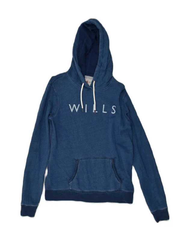 JACK WILLS Womens Graphic Hoodie Jumper UK 12 Medium Navy Blue Cotton Hoodie with Back Slit Movement Comfort