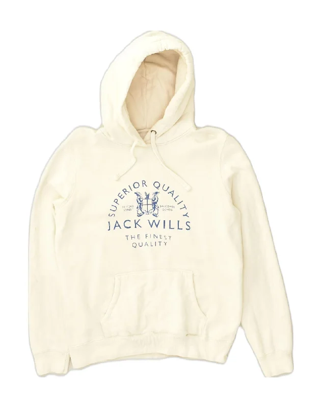 JACK WILLS Womens Graphic Hoodie Jumper UK 12 Medium  Off White Cotton Hoodie with Turtle Neck Cozy Winter