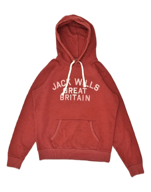 JACK WILLS Womens Graphic Hoodie Jumper UK 12 Medium Red Cotton Hoodie with Ribbed Hem Stretchable Secure