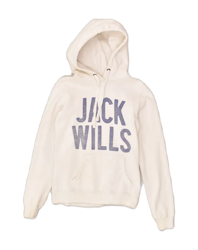 JACK WILLS Womens Graphic Hoodie Jumper UK 8 Small Off White Cotton Hoodie with Crew Neck Simple Timeless