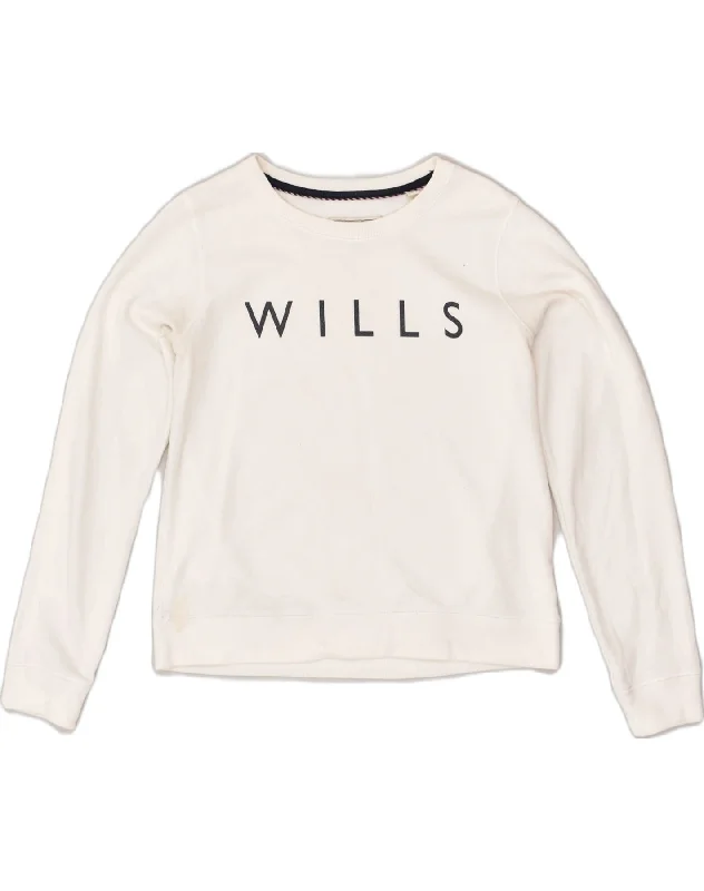 JACK WILLS Womens Graphic Sweatshirt Jumper UK 12 Medium White Cotton Hoodie with Turtle Neck Cozy Winter