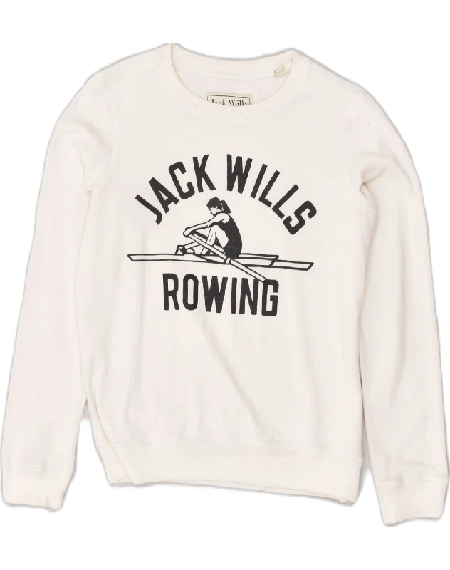 JACK WILLS Womens Graphic Sweatshirt Jumper UK 8 Small  White Cotton Hoodie with Bell Sleeves Flared Feminine