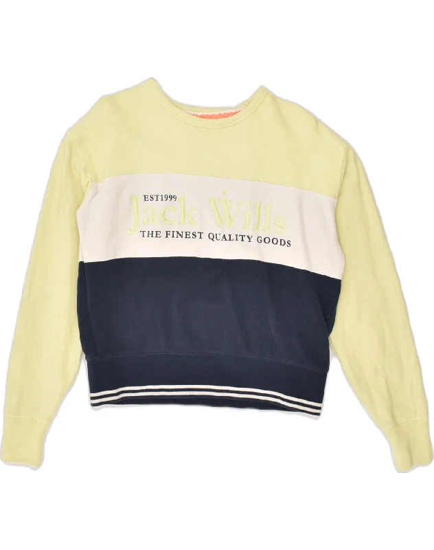 JACK WILLS Womens Graphic Sweatshirt Jumper UK 8 Small Yellow Colourblock Hoodie with Drawstring Waist Adjustable Fitted