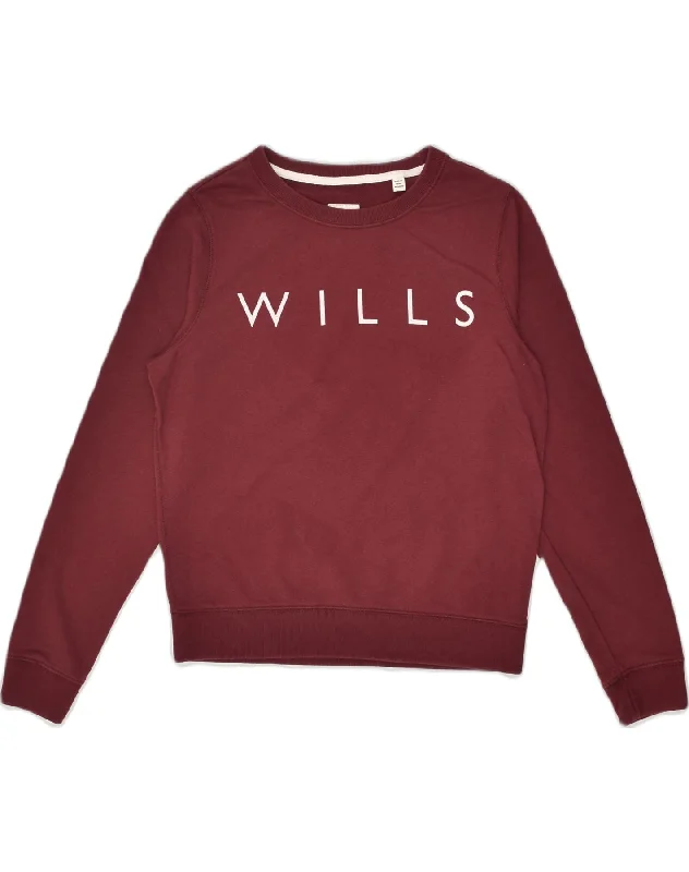 JACK WILLS Womens Loose Fit Graphic Sweatshirt Jumper UK 10 Small  Maroon Hoodie with Zipper Versatile Modern