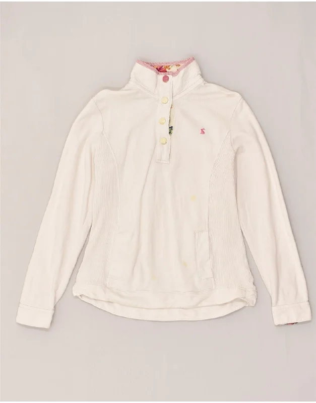 JOULES Womens Button Neck Sweatshirt Jumper UK 12 Medium White Cotton Hoodie with Batwing Sleeves Loose Dramatic