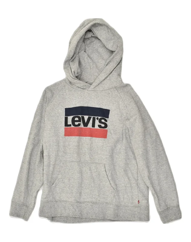 LEVI'S Womens Graphic Hoodie Jumper UK 16 Large Grey Cotton Hoodie with Set-In Sleeves Structured Classic