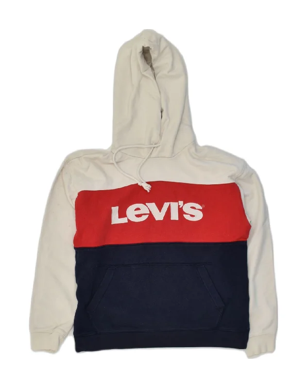 LEVI'S Womens Graphic Hoodie Jumper UK 8 XS White Colourblock Cotton Hoodie with Patch Decorative Personalized