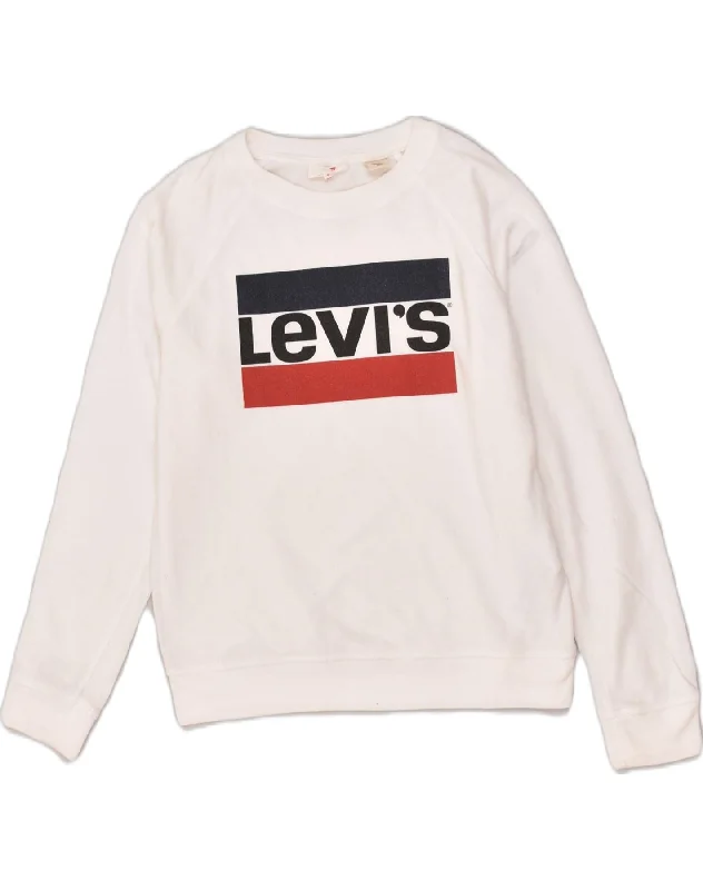 LEVI'S Womens Graphic Sweatshirt Jumper UK 10 Small White Cotton Hoodie with Ribbed Hem Stretchable Secure