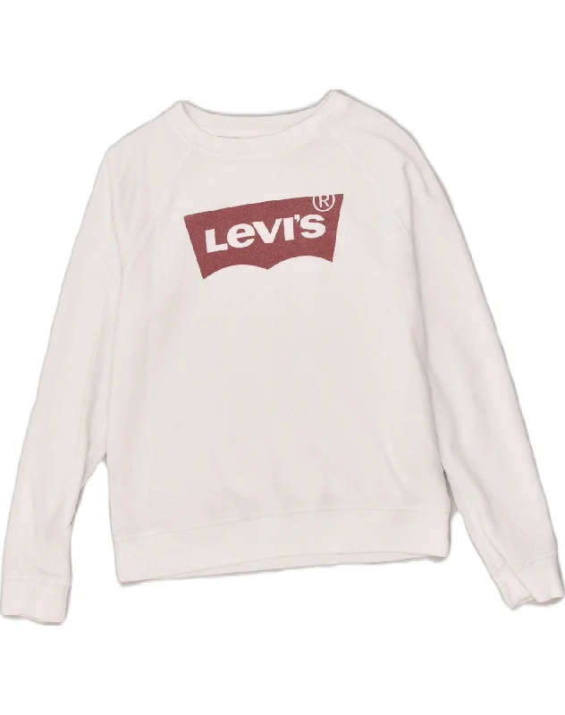 LEVI'S Womens Loose Fit Graphic Sweatshirt Jumper UK 10 Small White Cotton Hoodie with Hem Patch Decorative Personalized