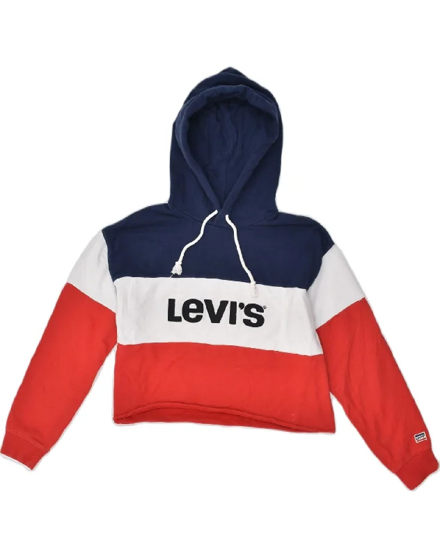 LEVI'S Womens Oversized Crop Hoodie Jumper UK 10 Small Red Colourblock Hoodie with Drawcord Adjustable Secure