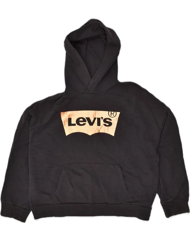 LEVI'S Womens Oversized Graphic Hoodie Jumper UK 14 Medium Black Cotton Hoodie with Hem Patch Decorative Personalized