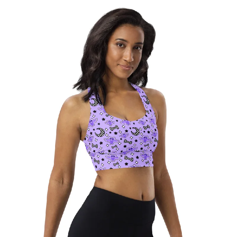 Magical Kawaii Spooky Bats Purple Longline Sports Bra Soft Lace Bralette