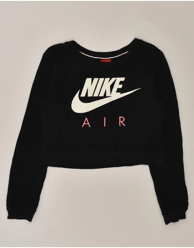 NIKE Womens Crop Graphic Sweatshirt Jumper UK 4 XS Black Cotton Hoodie with Raglan Sleeves Sporty Comfortable