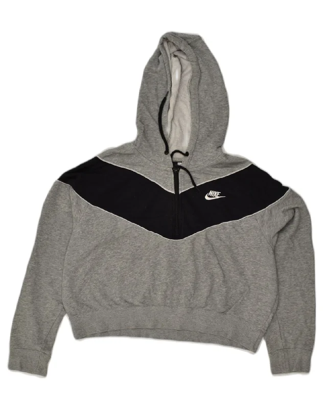 NIKE Womens Crop Hoodie Jumper UK 18 XL Grey Colourblock Cotton Hooded Sweatshirt Casual Wear Street Style