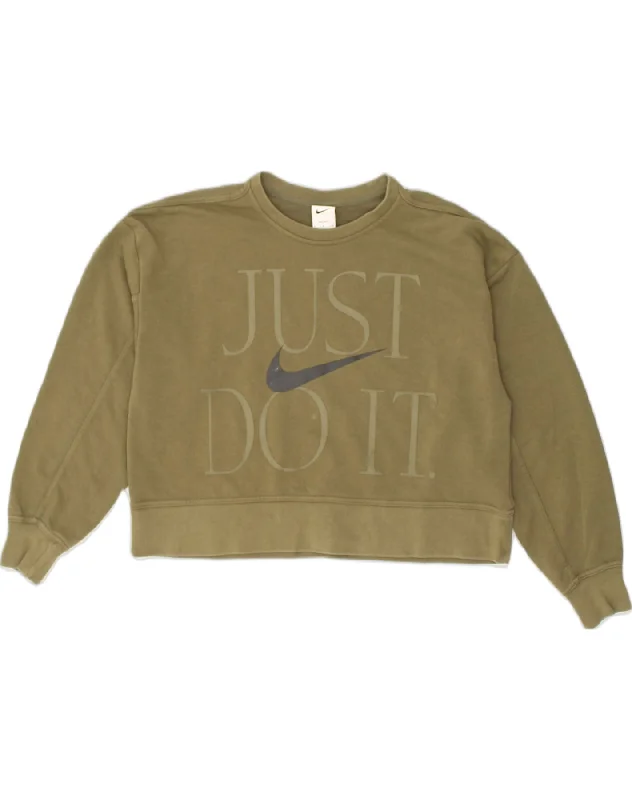 NIKE Womens Crop Oversized Sweatshirt Jumper UK 10 Small Khaki Cotton Hoodie with Applique Textured Unique