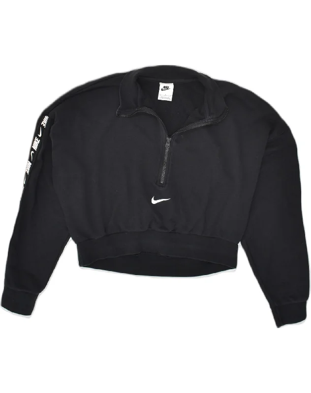 NIKE Womens Graphic Crop Sweatshirt Jumper UK 14 Medium Black Cotton Hoodie with Sequins Glamorous Eye-catching