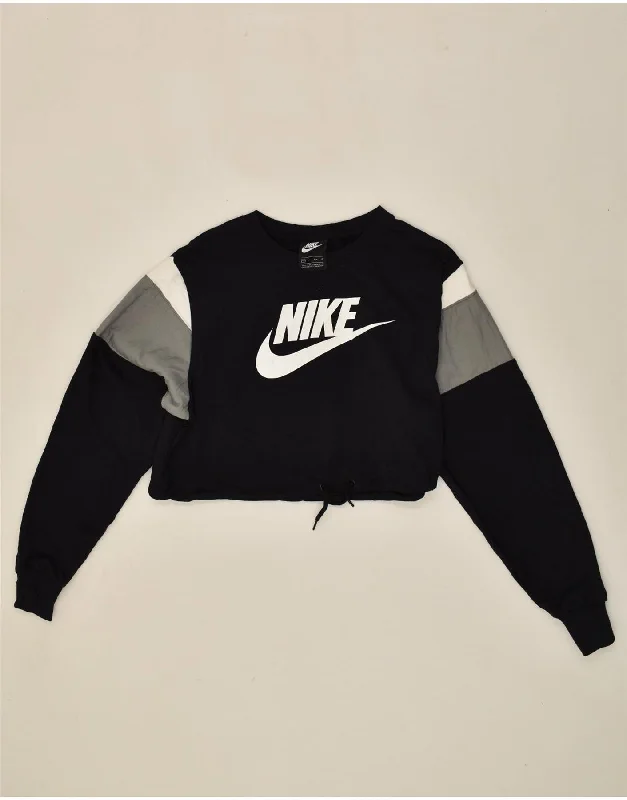 NIKE Womens Graphic Crop Sweatshirt Jumper UK 4 XS Black Colourblock Hoodie with Fur Luxurious Winter