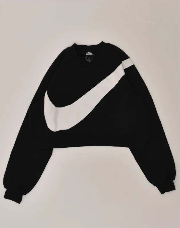 NIKE Womens Graphic Crop Sweatshirt Jumper UK 6 XS Black Cotton Hoodie with Turtle Neck Cozy Winter